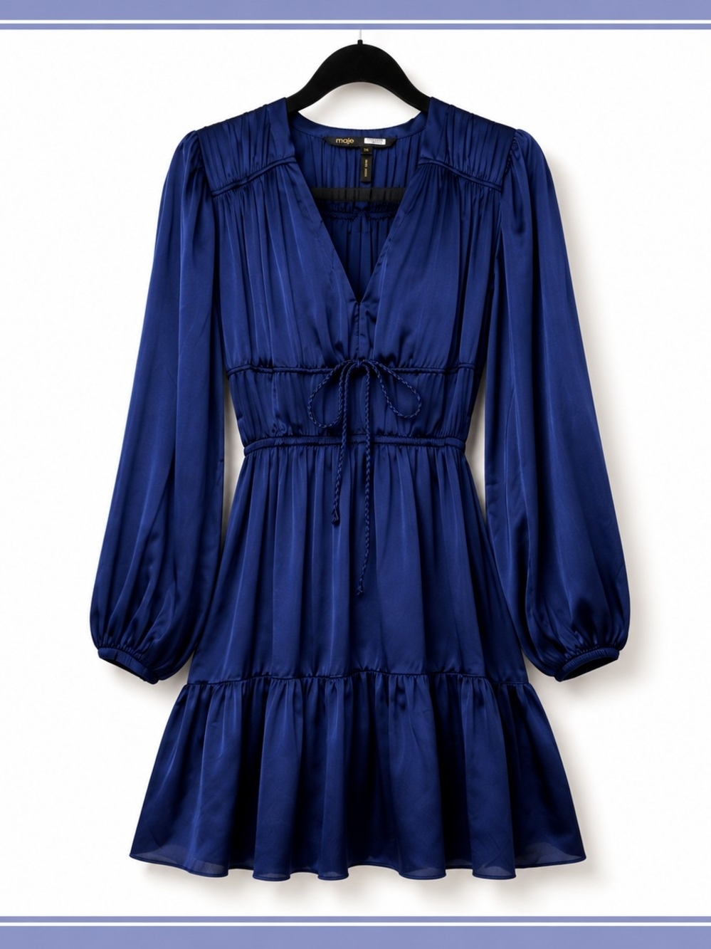 Maje Silk Mini V-Neck Long Sleeve Dress in Royal Blue Size 38